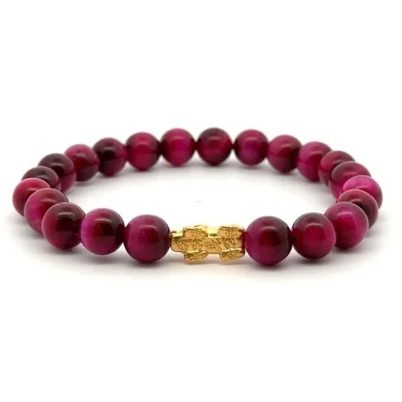 Dyed Tiger's Eye Magenta Stretchable Bracelet Size 7.5 w/ 24K Gold Dragon - Picture 7 of 8